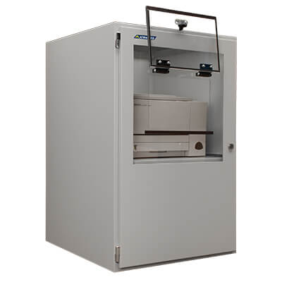 Un armario protector impresora de pie Armagard con impresora láser instalada